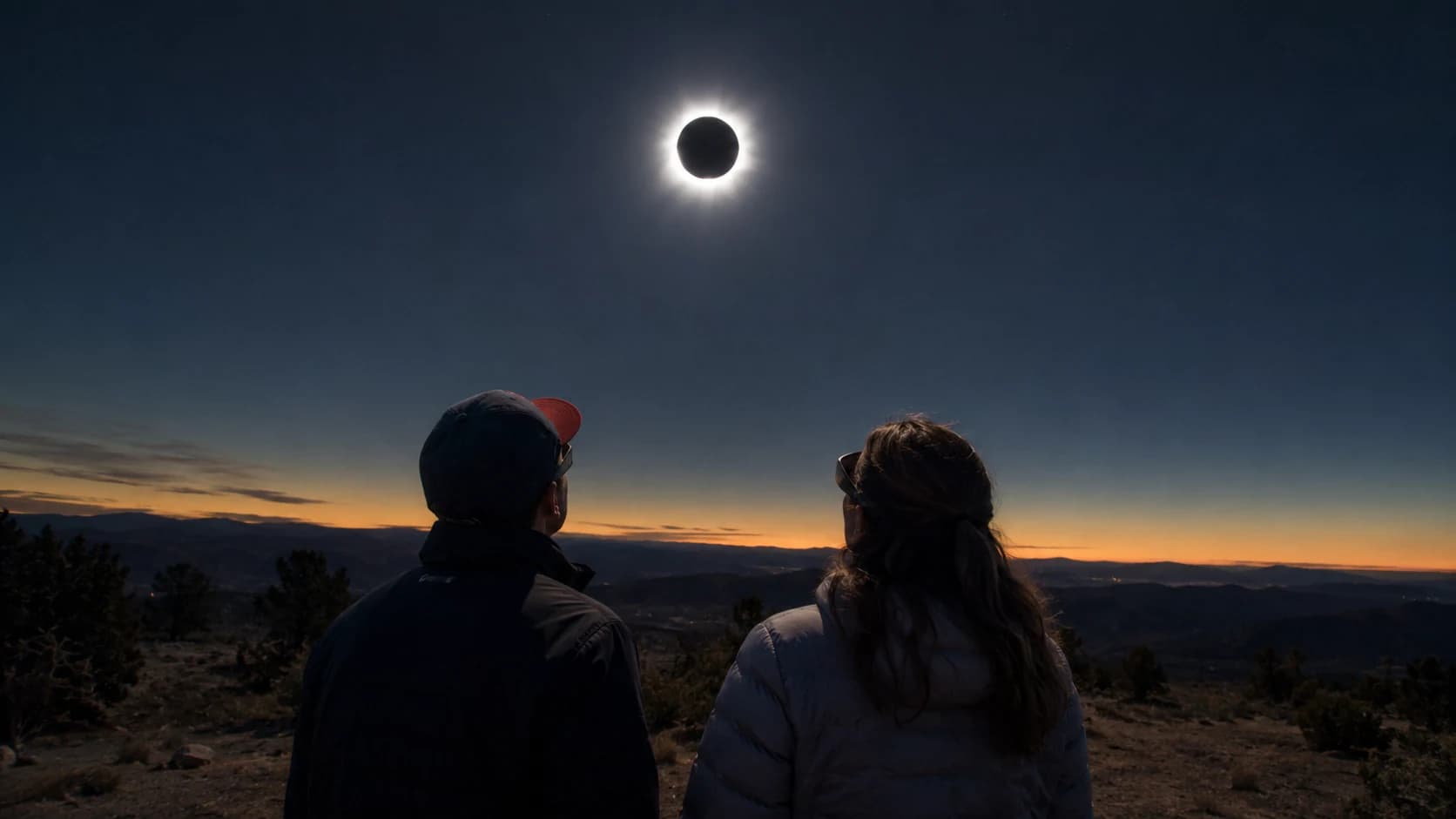 Deux personnes protégées observant une éclipse au-dessus d’un paysage de montagne