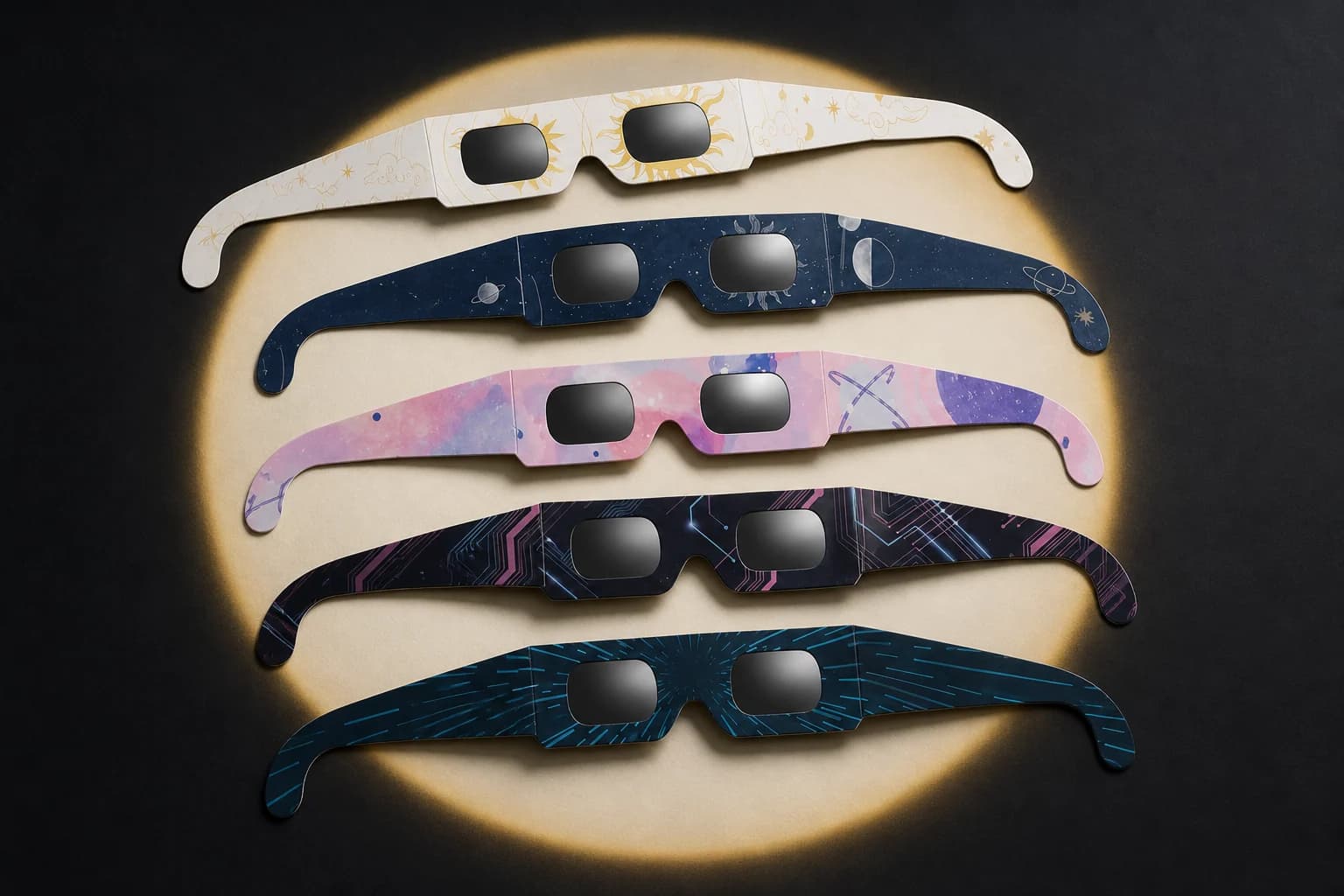 Cinq motifs de lunettes d’éclipse alignés dans un halo