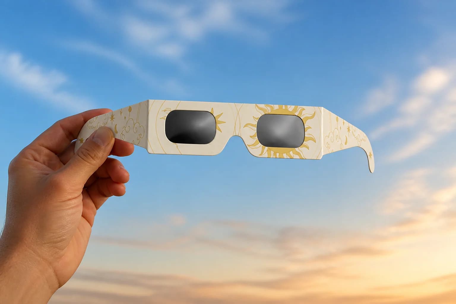 Main tenant une paire de lunettes d’éclipse devant le ciel pour l’inspecter